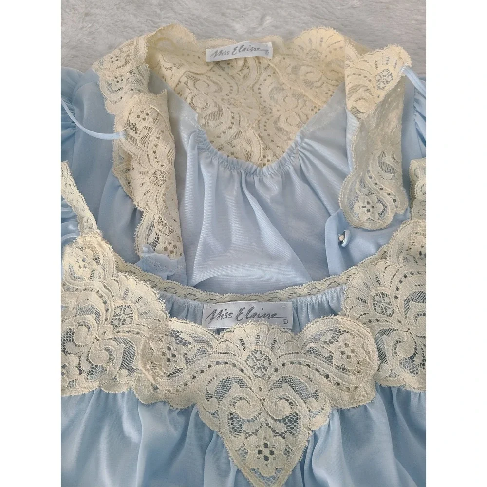 Vintage Miss Elaine Nightgown Robe Set Blue Lace ILGWU Made in USA Medium 6535